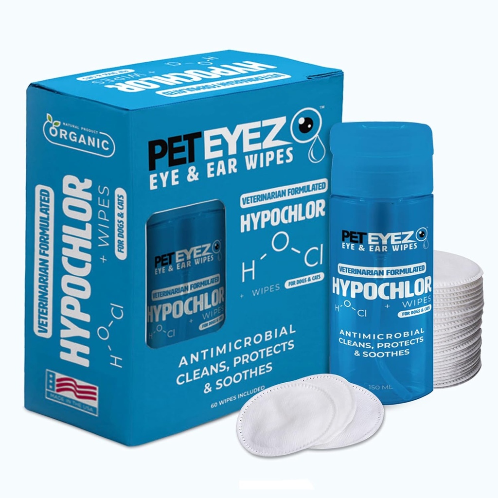 PetEyez Veterinarian פורמולה Tear Stain Remover פתרון לכלבים וחתולים - Hypoallergenic Deodorizing ניקויer כדי להסיר את Dirt, ניכוי ו Crust מ אוזניים, עיניים, Paws & Butt - 100 Wipes