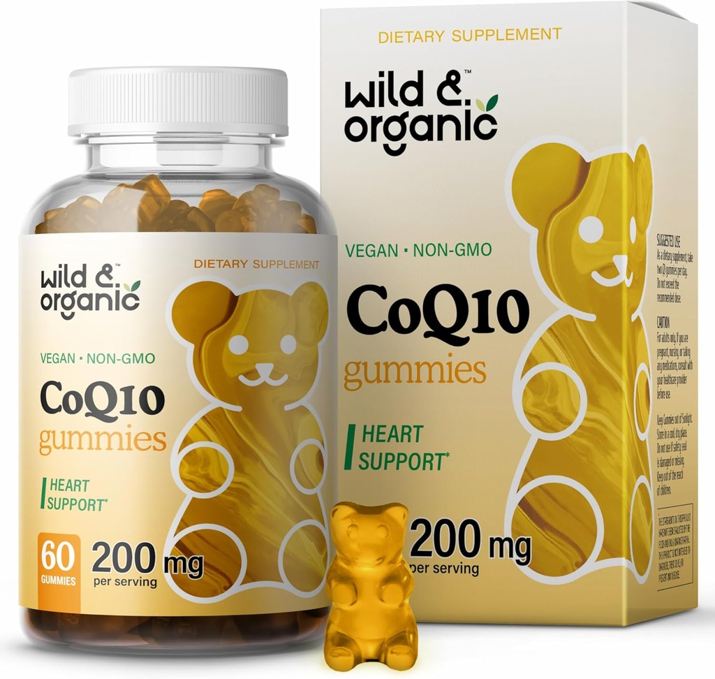 Wild & Organic CoQ10 Gummies - טבעוני CoQ10 200mg Antioxidant תוספת עם Ubiquinone - אנרגיה טבעית ומקד חניכיים עם Coenzyme Q10-60 שאינם GMO Pectin Chewables