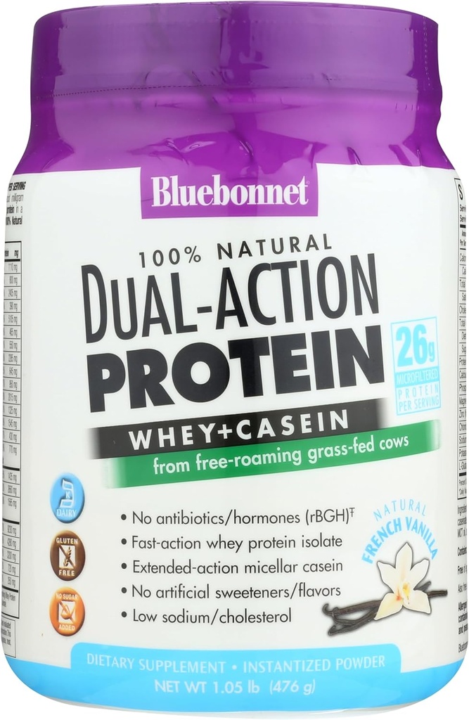Bluebonnet Nutrition Dual-Action חלבון אבקה, Whey from Grass פד Cows, No Sugar הוסיף, non GMO, Gluten & Soy Free, חלב כשר, וניל פלאמור, Off-לבן, 16.8 Oz
