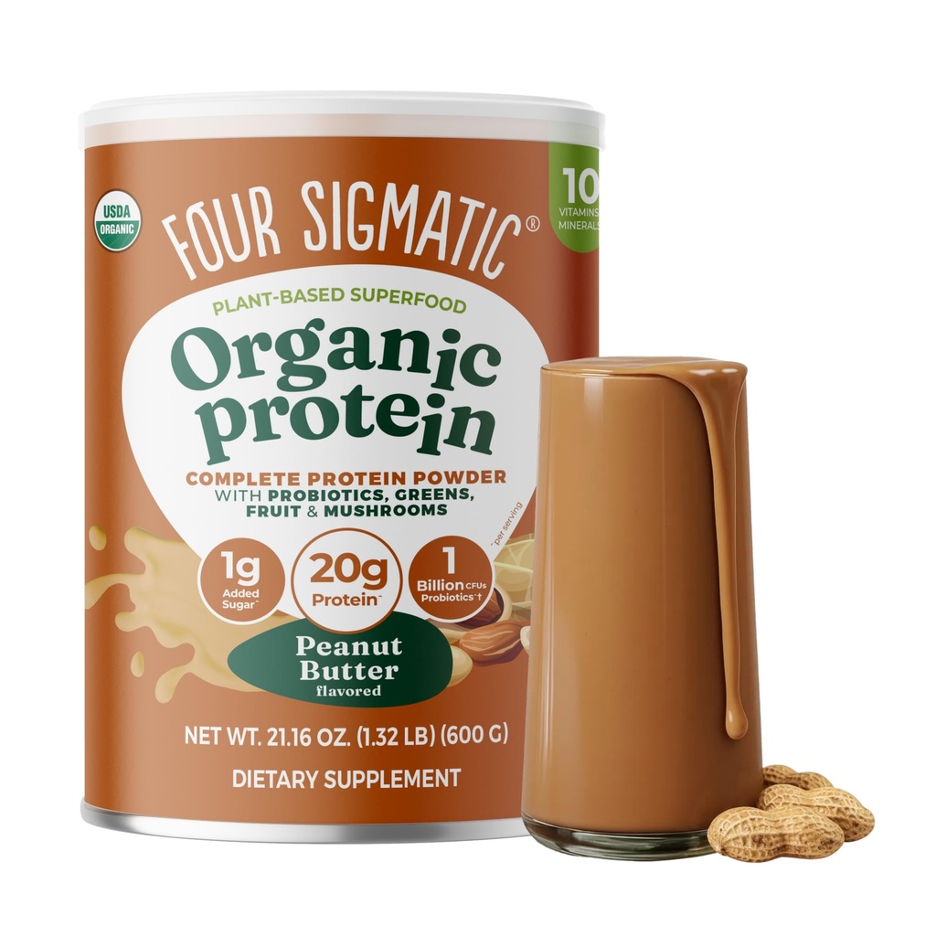 Four Sigmatic Organic Organic Plant-מבוסס על אבקת חלבון בוטנים עם מאן של אריה, צ'אגה, Cordyceps ועוד | חלבון טבעוני מוארך אלב לתפקוד המוח ותמיכה בחיסון | 21.16 oz