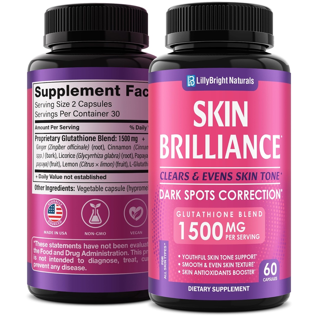 Glutathione כמוסות - 1500mcg L-Glutathione תוסף עם ויטמין C - Skin Tone Enhancer - Targets Dark Spots & Acne Marks - Potent Antioxidant - 60 כדורי עור