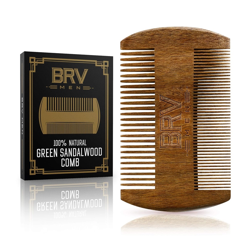 BRV MEN Beard & Mustache Comb, 100% טבעי ירוק סנדלווד, Pocket Beard Comb עם ערכת נושא, Wooden Beard Comb עבור גברים עבור כל הסוגים וסגנונות של שיער ודנד