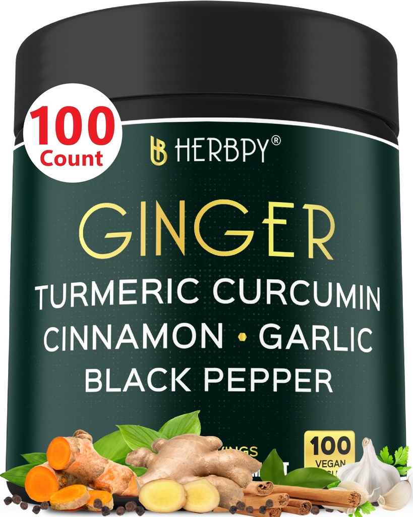 5in1 ג'ינג'ר ו- Turmeric תוספים עם Ceylon Cinnamon, Garlic - Digestion, Immune, Brain & Heart Health Support - 100 קפסולות טבעוניות