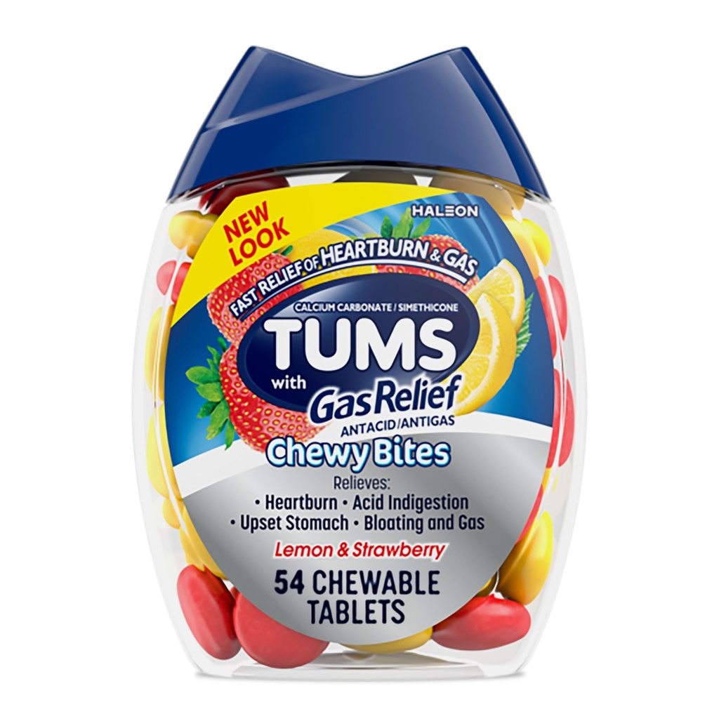 TUMS Chewy Bites Chewable Antacid טבליות עם גז הקלה, לימון ו Strawberry - 54 הרוזן