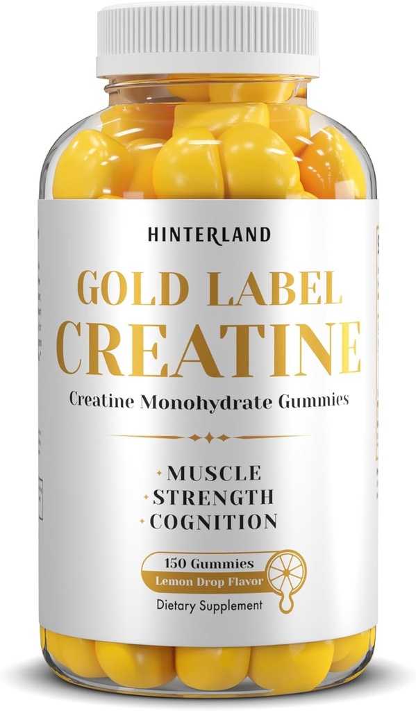 Hinterland Verlag Gold תווית Creatine Monohydrate חניכיים עבור כוח, בניין שרירים, תוספי בריאות המוח, 5g לשרת, 150 חניכיים (30 משרתים).