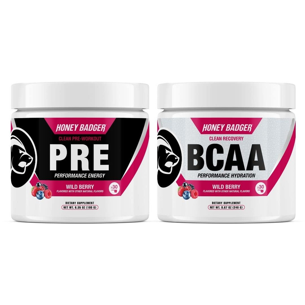 Honey Badger טרום עבודה אבקה & BCAA Amino Acids אבקת Bundle | Beta Alanine, Caffeine & ויטמין C + אלקטרוליטים | טבעוני Keto Sugar Free & Paleo עבור גברים ונשים | 30 משרתים (Wild Berry)