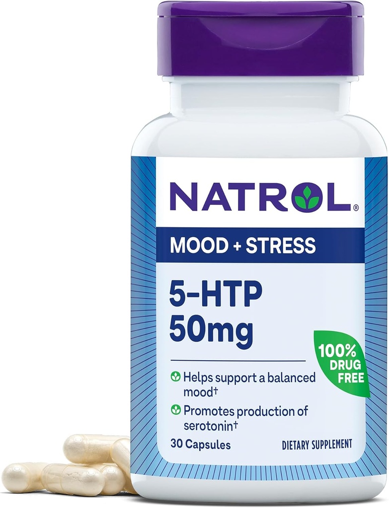 Natrol Mood & Stress 5HTP 50 מ"ג, תוספי תזונה עוזרים לתמוך Mood מאזן, 30 קפסולות, 7-30 יום אספקה