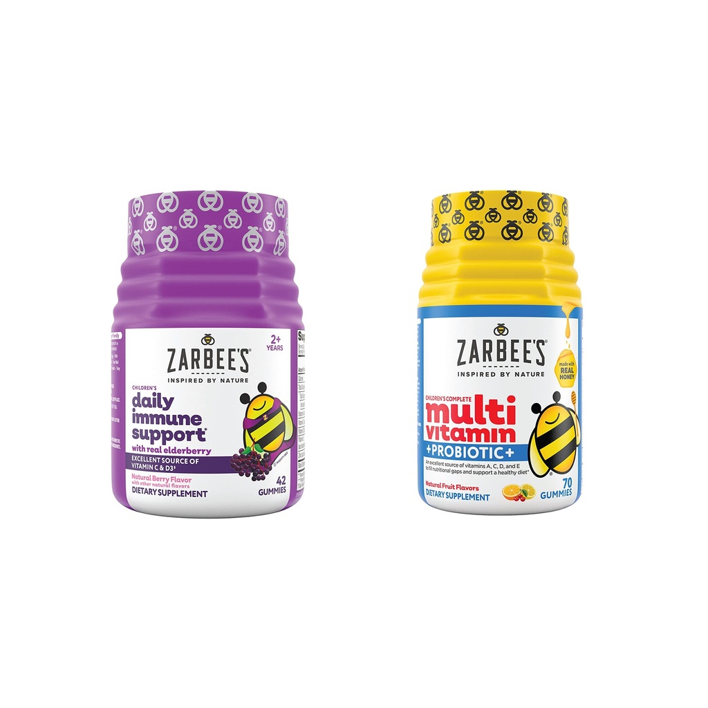 הילדים של זרבי ®Daily Immune Support & Kids Multivitamin + Probiotic Multipack, Immune Support Gummies with Elderberry, ויטמין C & Zinc, 42 ct, & Children's ויטמינים + Probiotics, 70 ct, 2 פריטים