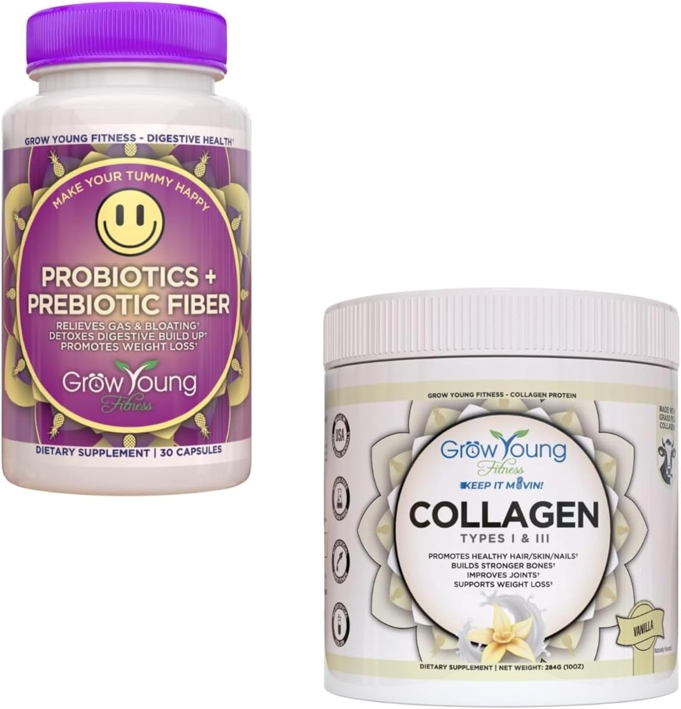 Grow Young Fitness Probiotic ו- Vanilla Collagen - תומך בבריאות העיכול ומקדם עור ועצמות - (1) 30Pack של Probiotics + 12.4oz של אבקת Vanilla Collagen