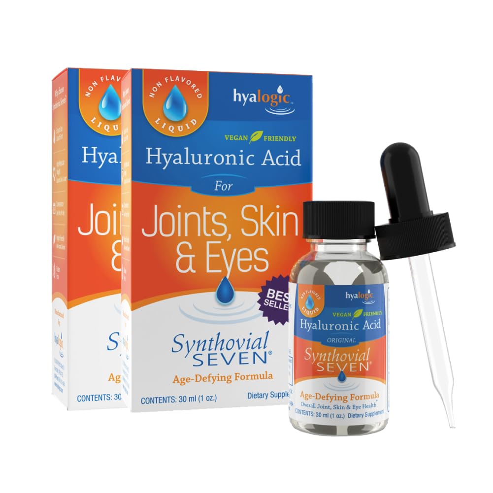 Hyalogic Synthovial Seven נוזל Hyaluronic Acid - תוספת אוראלית משותפת ועור, משקל מולקולרי גבוה, תוספי תמיכה בשיקום טהור, 1 oz (2 Pack)
