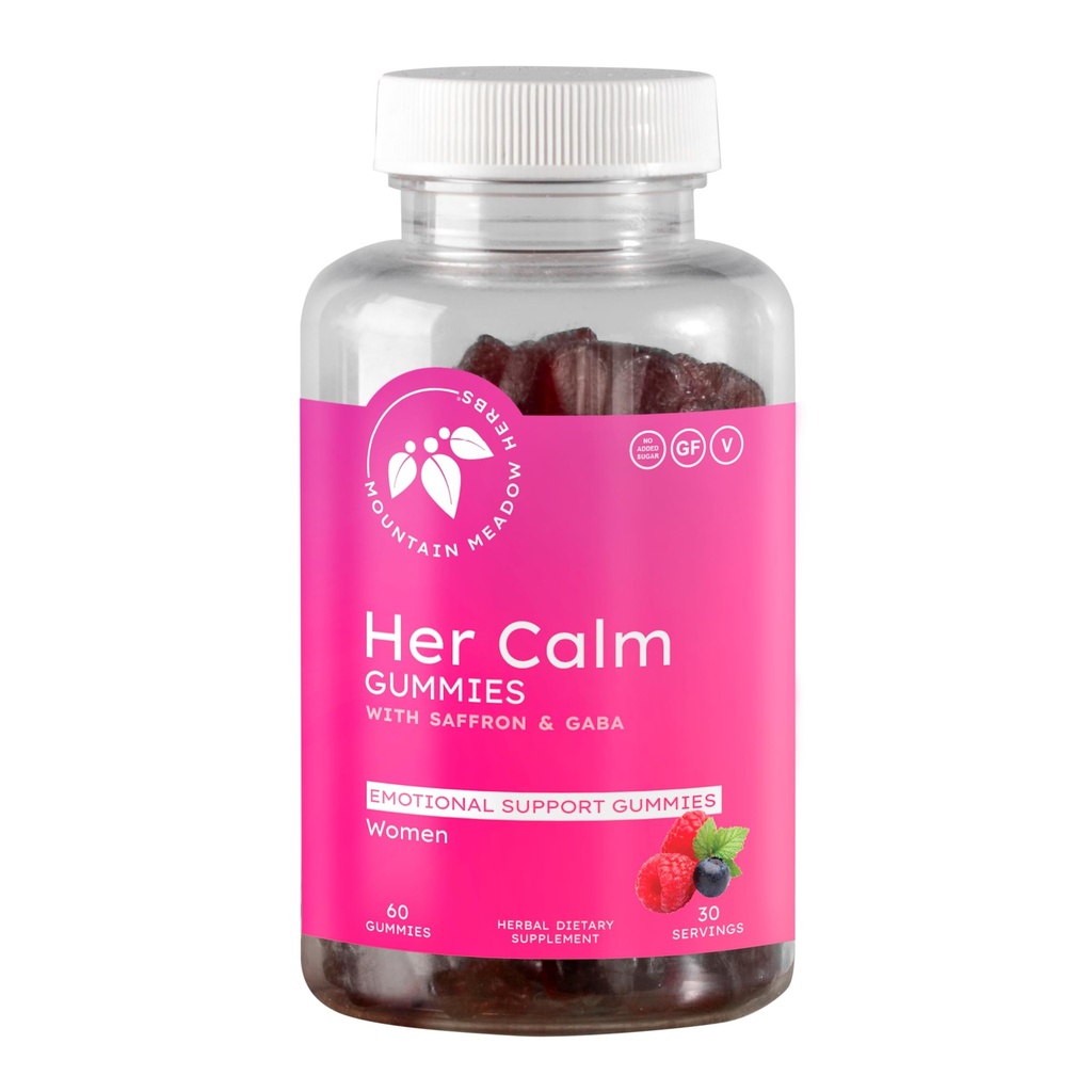 Mountain Meadow Herbs Her Calm Gummies - תמיכה טבעית עם Saffron, פרח תשוקה, St. John's Wort, GABA - תוספת הקלה מתח לנשים - 60 ct