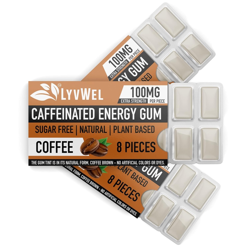 LyvWel Energy Gum | 100 מ"ג קפאין לכל אבני חן | All Natural | Sugar-Free Pre-Workout Boost: תוסף האנרגיה החיוני שלך כדי להישאר ער 3 Pack (Coffee)