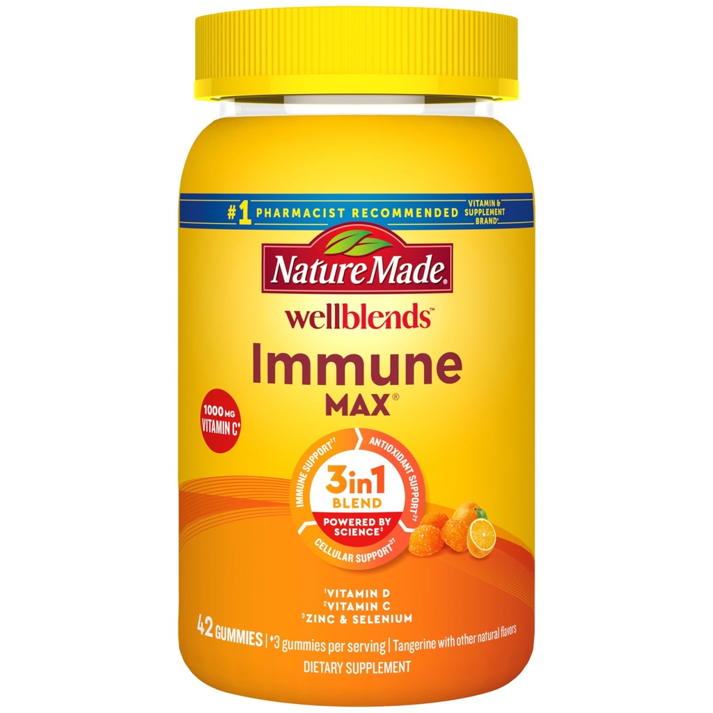 הטבע עשה Wellblends ImmuneMAX חניכיים, ויטמין C 1000 מ"ג + Zinc, Selenium, ויטמין D3 5000 IU, Immune Support Supplement, 42 חניכיים