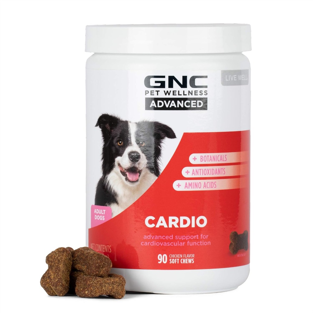 GNC חיות מחמד מתקדמות תוספי כלבים, תמיכה קרדיווסקולרית & בריאות הלב צ'יפס לכלבים, תוסף Soft Pet Made בארה"ב, Cardio ויטמינים & Easy to Chew Canine Essentials, 90 Count Count Count
