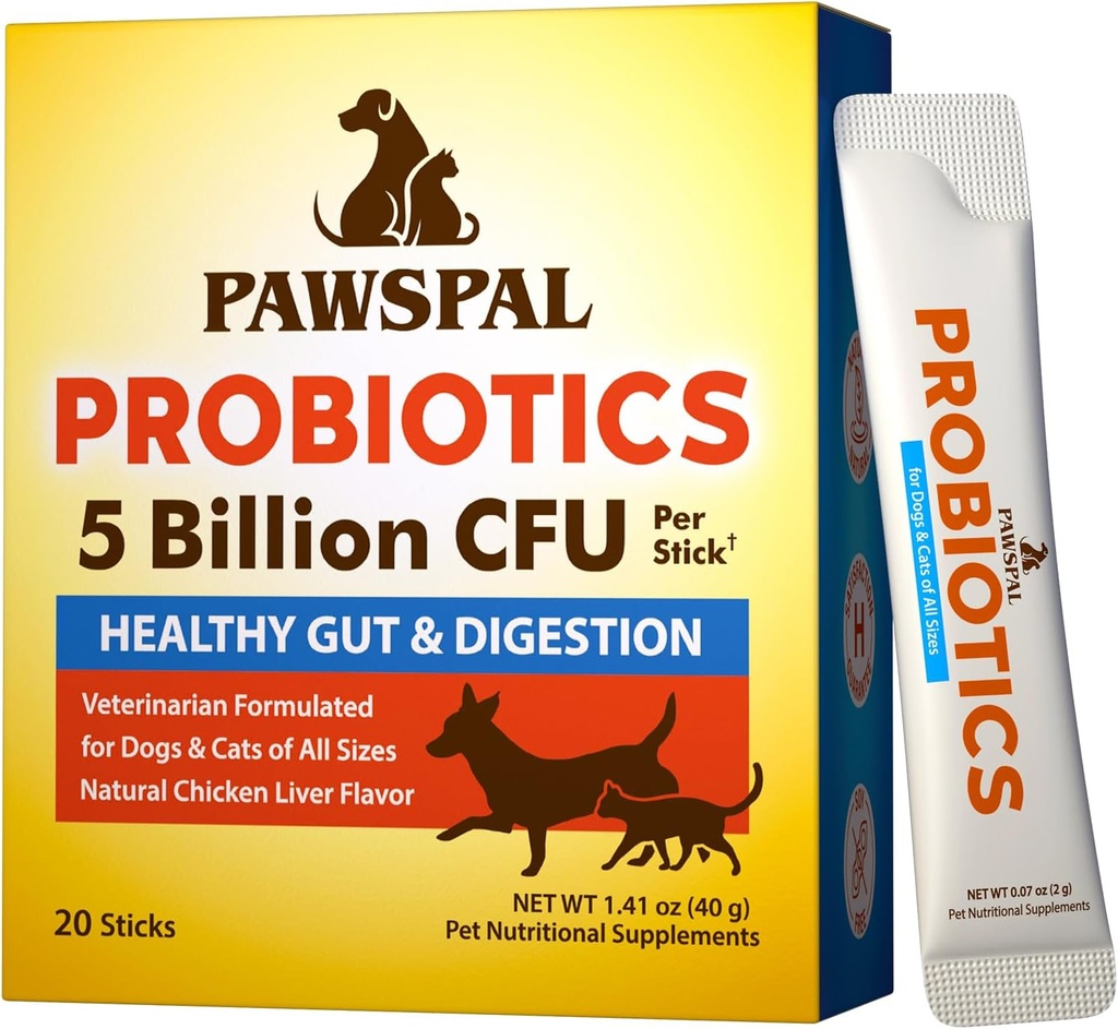 פרוביוטיקה לכלבים וחתולים, 5 מיליארד CFU, Veterinarian Formulated, Digestive & Immune Health, Gut Flor Balance, All Natural Probiotic אבק, עוף Liver Flavor, 20 מקלות