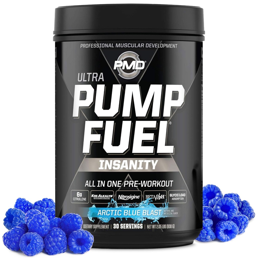 PMD ספורט משאבת דלק אולטרה Insanity - Premium Pre Workout אבקת ושומן שרירים, מוקד גדול יותר, אנדורנס & Recovery, Premium Creatine, Arginine & Beta Alanine - Arctic Blue Blast (30 משרתים)