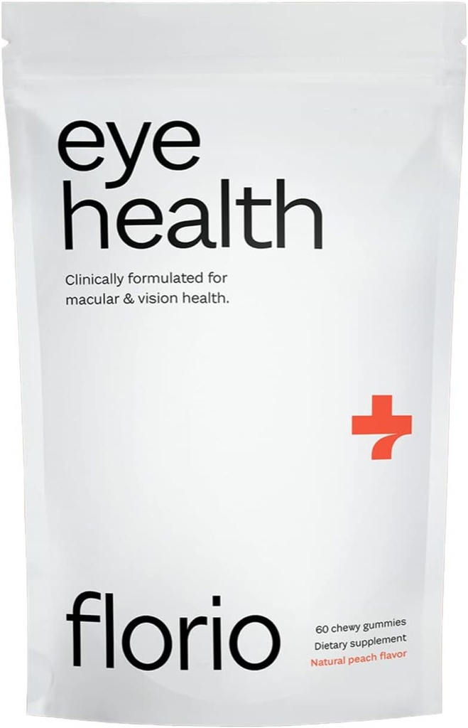 Florio Eye חניכיים ויטמינים למבוגרים, 2X Lutein & Zeaxanthin, ויטמינים A, B2, B3, C & E, שמור Macular & Retinal Health, נלחם Oxidation, 30 יום אספקה, טבעי Peach Flavor