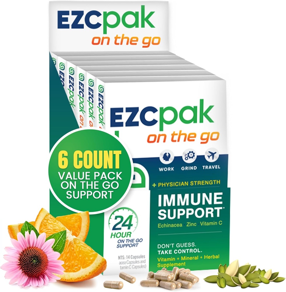 EZC Pak On The Go Immune System Booster with Echinacea, ויטמין C, Zinc, Immune Support Supplement, Immunity ויטמינים for Adults, Travel-Friendly Packaging, Vegetarian, Gluten-Free - חבילת של 6.