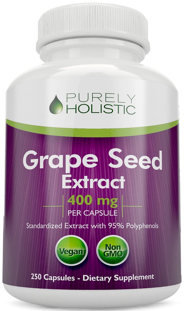 Purely Holistic Grape Seed לחלץ 20,000 מ"ג - 250 קפסולות טבעוניות - 8 + חודש אספקה - סטנדרטי ל -95% פוליפנולים - 400 מ"ג לקפסולה - כוח מקסימלי Grapeseed - non-GMO & Pesticide חינם חינם