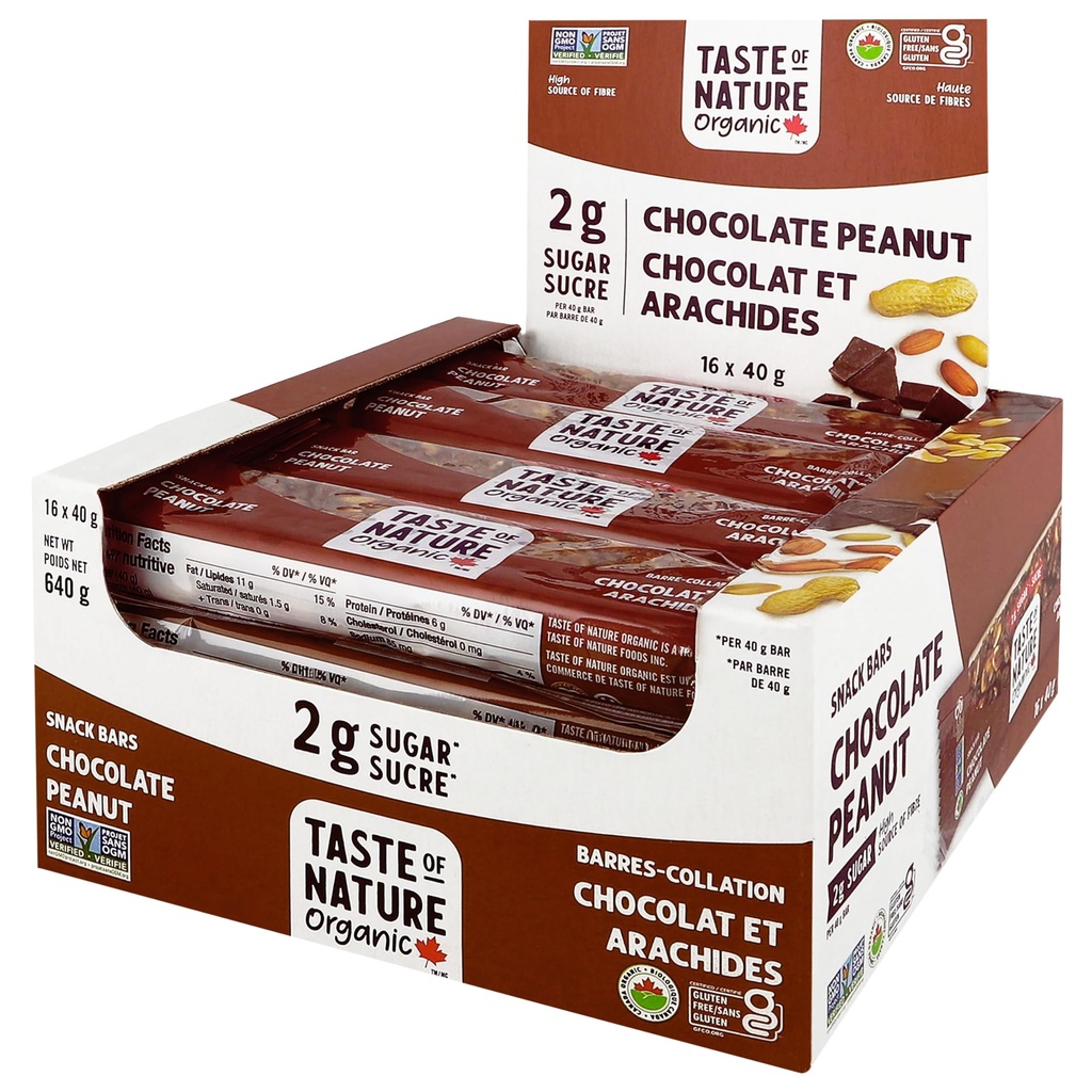 Taste of Nature - אורגני 2g Sugar Chocolate Peanut - Low Sugar חטיף ו- Breakfast Bar, High סיבים אנרגיה Bar - 16 Count חטיף