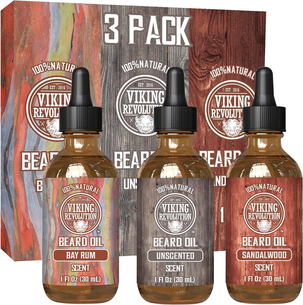 המהפכה הוויקינגית Beard Oil for Men 3 Pack - Natural Mens Beard Oil Variety Set 2 - Sandalwood, Unscented and Bay Rum Scents - Beard Conditioning and Moisturizing for a Healthy Beard (3 Pack, 1oz)
