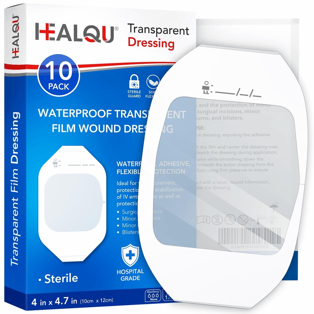 Transud Film Dressing 4" x 4.75" (10 Pack) - נדנדה חסימת מים למקלחת פוסט-סורגית, IV Shield, קעקוע לאחר טיפול, Clear Breathable Dressing Patches על ידי HEALQU