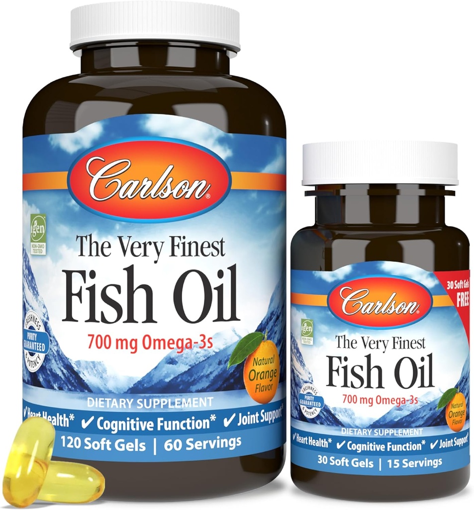 Carlson - The Very Finest Fish Oil, 700 mg Omega-3s, Norwegian Fish Oil Supplement, Wild Caught Omega-3 Fish Oil, Sustainably Sourced Fish Oil Capsules, Omega-3 Supplement, Orange, 120+30 Softgels