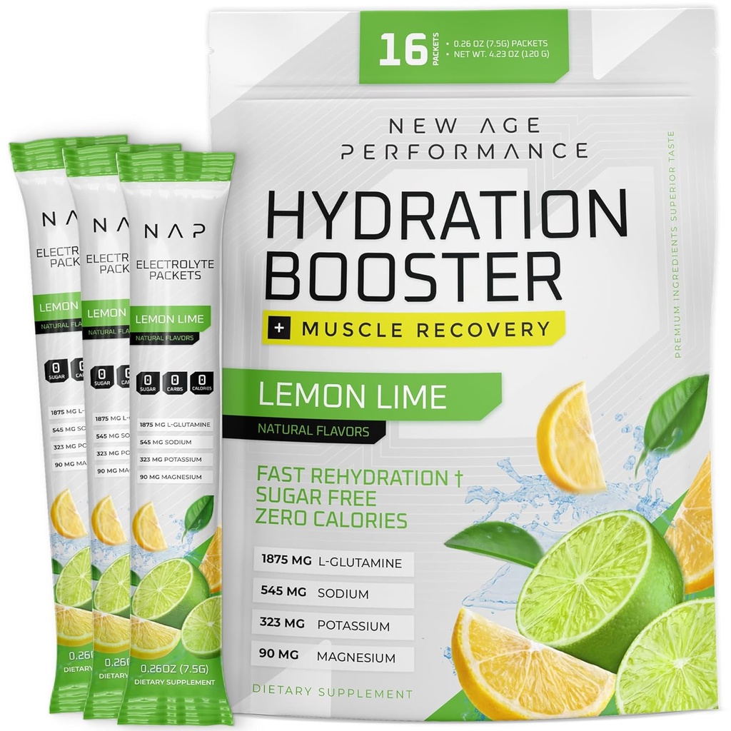 New Age Performance hydrotion Packets, אבקת אלקטרוליט, הגדל הנוזלי עבור Dehydration Relief, L-Glutamine Amino Acids עבור שריר עבודה התאוששות, סוכר חינם ו 0 קלוריות, 16 מקלות (Lemon Lime)
