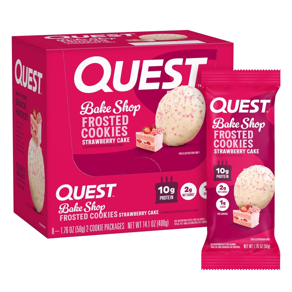 Quest Nutrition Frosted Cookies Pack, Strawberry Cake, 1g Sugar, 10g חלבון, 2g Net Carbs, Gluten Free, 16 עוגיות