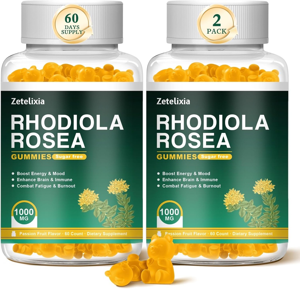 2 Pack Sugar-Free Rhodiola Rosea Gummies 1000 מ"ג, Rhodiola Rosea תוסף לנשים וגברים, תמיכה Endurance, Mood & Energy, non-GMO, טבעוני, 120 הרוזן