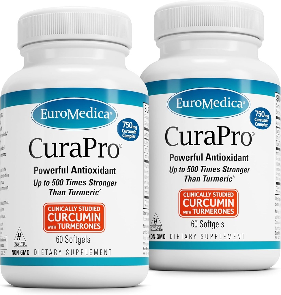 EuroMedica CuraPro - תוספת אנטיoxidant לתמיכה בבריאות המוח & החיסון - תוספת תזונתית עם שמן Curcumin & Turmeric Essential שמן - Herbal Liver Support - 60 Softgels, 2 Pack (120 Softgels)