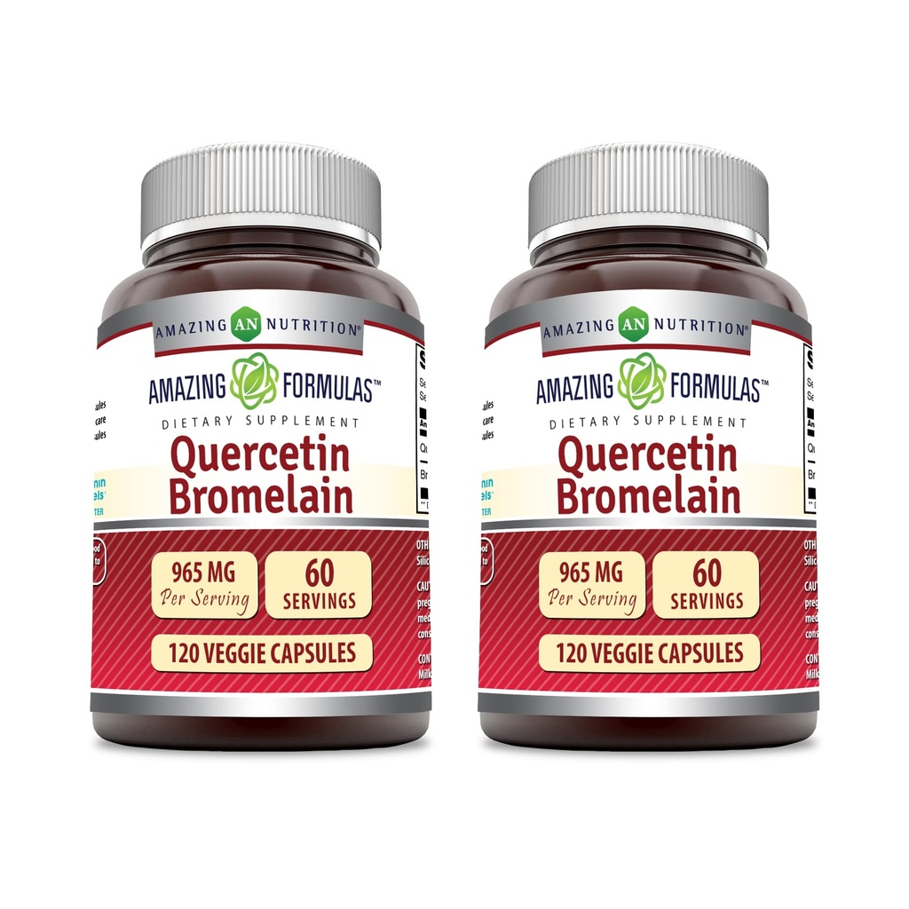פורמולה מדהימה Quercetin 800 מ"ג עם Bromelain 165 מ"ג, 120 תוספי קפסולות Veggie (Pack of 2) - non-GMO - Gluten Free - תמיכה כוללת בריאות ו- Well להיות