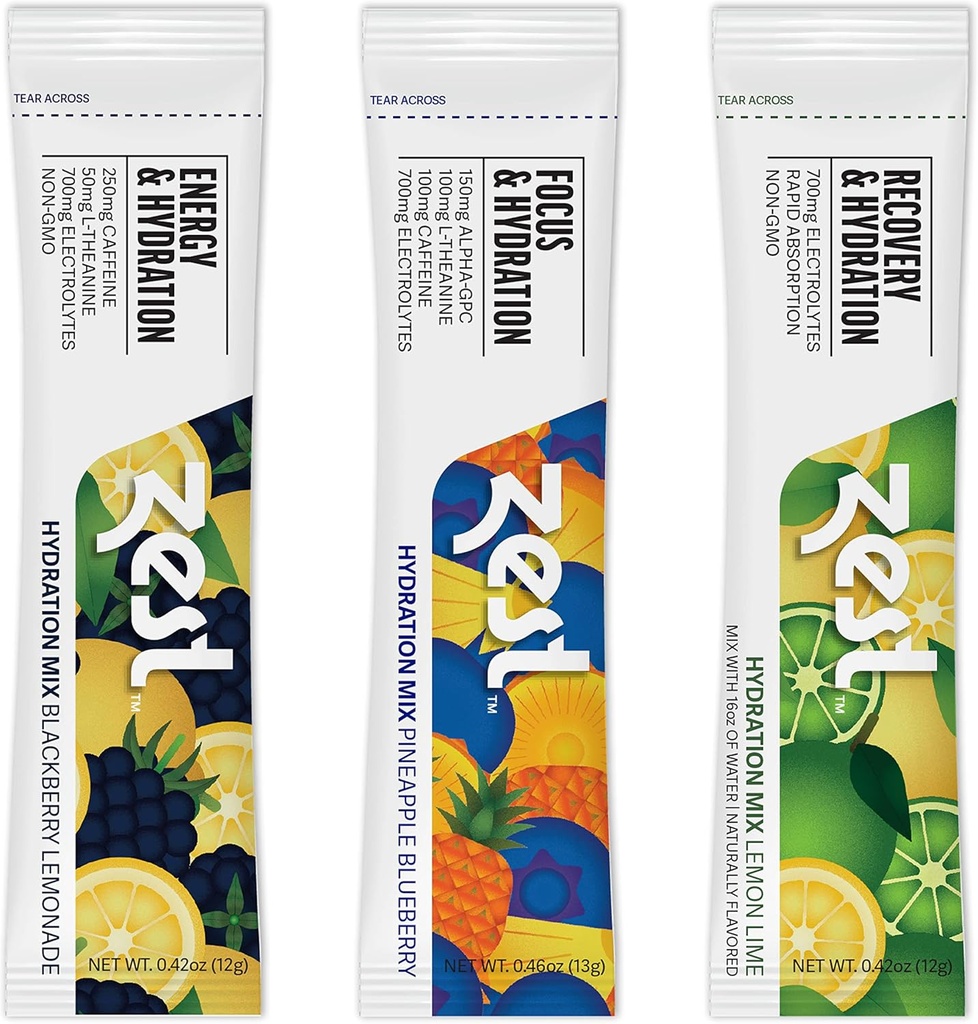 Zest hydrotion Electrolyte אבקת - Variety Pack - Mix W / מים - 6 חבילות נסיעות - תוספת סוכר נמוך - התאוששות, אנרגיה, & Focus לשתות - 4 Pillars of Liquid Rehydration in Salt & Potassium