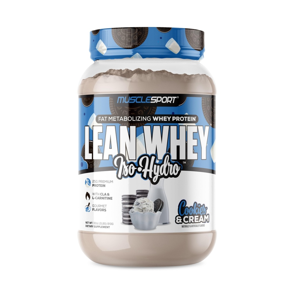 השריריםport Lean Whey המהפכהTM, חלבון Whey מבודד עם hydrolyzed Whey - Low Calorie, Low Carb, שומן נמוך, פלאבים מדהימים - 25g חלבון ל- Scoop (2lb, קובצי Cookie N Cream)