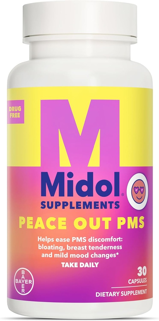 MIDOL משלים את Peace Out PMS, PMS תמיכה תוסף, פורמולה עם Chasteberry כדי לעזור Ease חזה Tenderness & Mild Mood שינויים, גם עם אבקת ג'ינג'ר ואלריאן לחלץ, 30 הרוזן הרוזן