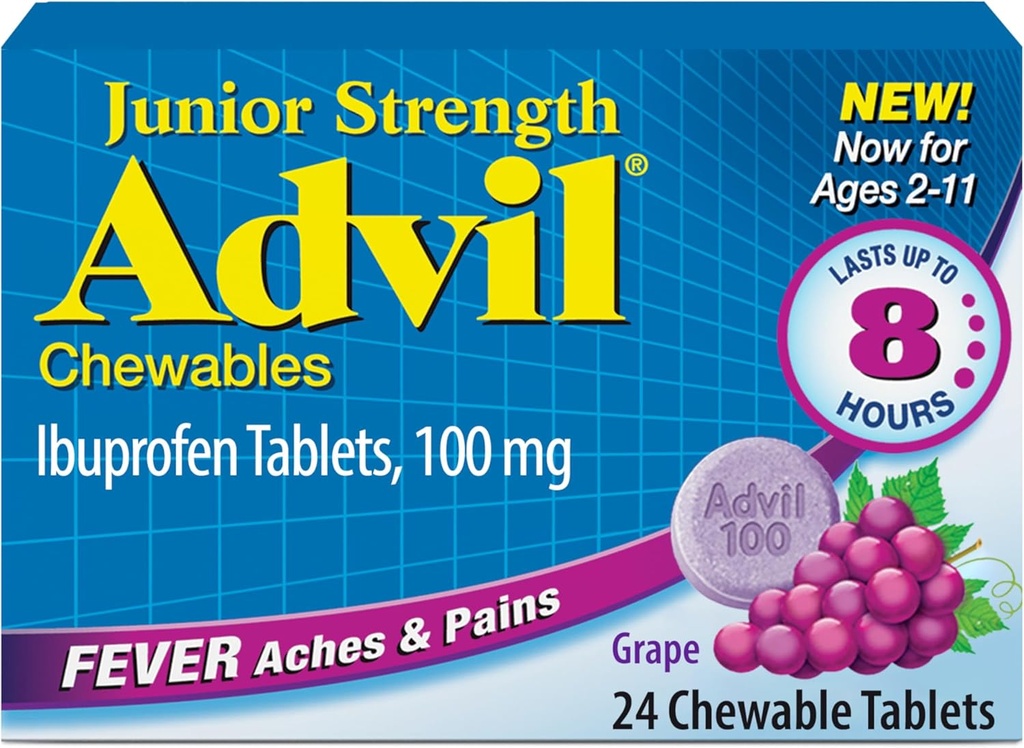 עו"ד ג'וניור כוח Chewable Ibuprofen Pain Reliever ו- Fever מקטין, Ibuprofen לילדים להקלת כאב, Grape - 24 Tablets