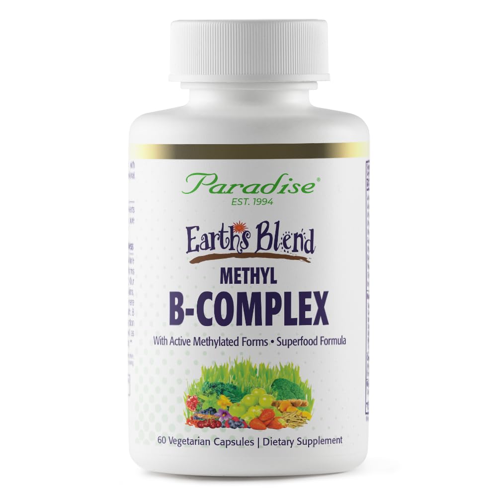 Paradise Herbs, כדור הארץ כדור הארץ בל B-Complex, Methylated, Enzymatically Active Forms של ויטמין B + Superfoods, תומך אנרגיה ותחמושת, 60 קפסולות