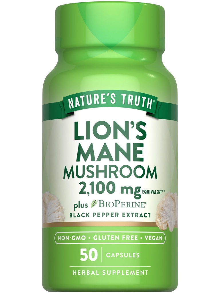 Nature's Truth Lions Mane תוספי קפסולות | 2100 מ"ג | 50 Count | עם BioPerine | טבעוני, Non GMO & Gluten Free Extractation