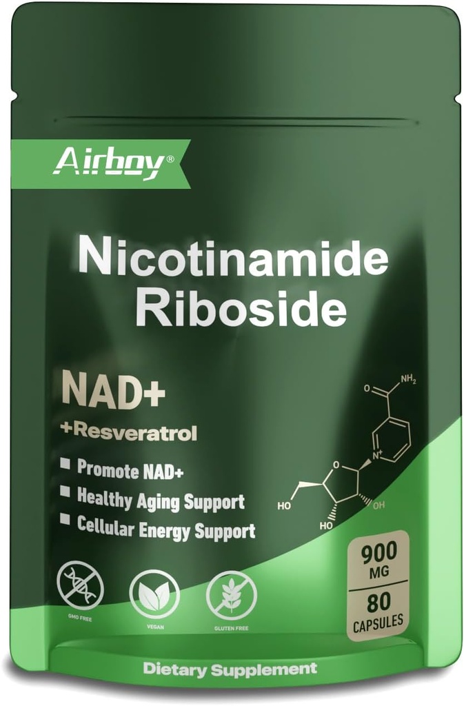 תוסף Airboy NAD עם Nicotinamide Riboside Resveratrol & Quercetin 900 מ"ג, NMNH אלטרנטיבי עבור גברים ונשים תמיכה אנטי-אגינג, אנרגיה, מיקוד - 80 קפסולות