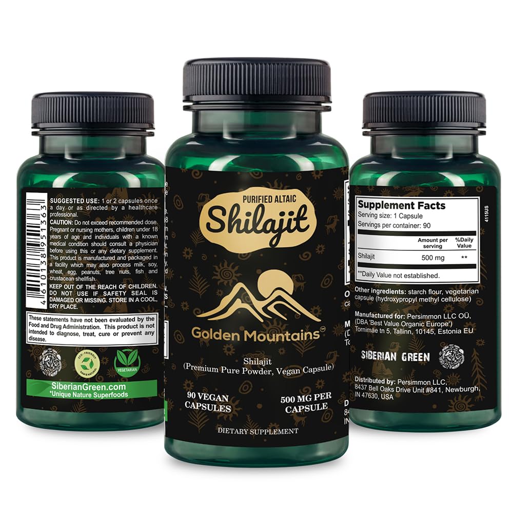 Golden Mountains Shilajit טבעוני קפסולת 500 מ"ג טהור אלטאי 90 Count Premium Trace מינרלים