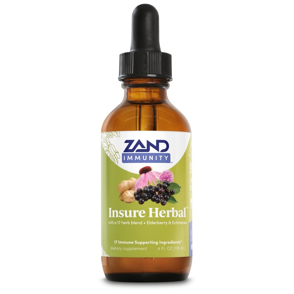 ZAND HERBALS Insure Herbal נוזלי בלגן - 17 רכיבים - w / Echinacea, Elderberry, ג'ינג'ר, פפרנט ועוד -ten Free, Vegan, Non-GMO, 60 ימים להבטיח, 147 משרתים, 4 FL OZ