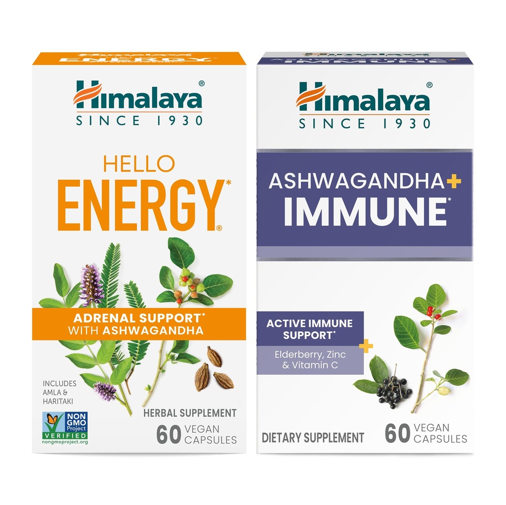 ההימלאיה Hello Energy with Ashwagandha for Adrenal Support & Daily Energy & Ashwagandha +Immune with ויטמין C for Active Immune Support, 60 קפסולות לכל - Bundlele