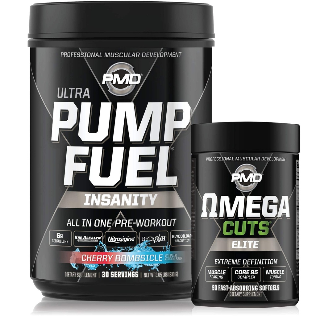 PMD Sports Ultra Pump Fuel Insanity - Pre Workout - Cherry Bombsicle (30 משרתים) ספורט אומגה חותכת את עלית שומן התרמיאוגני (90 Softgels)