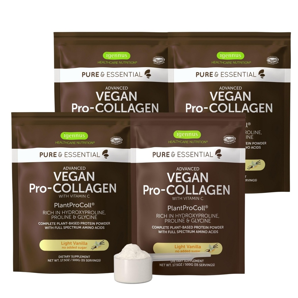 Igennus Advanced Vegan Vanilla Collagen Peptide אבקת, משופרת עם Glycine, Proline & Hydroxyproline & Cofactor ויטמין C, non GMO, Vegetarian Plant Based Collagen אבקה Booster, 140 משרתים