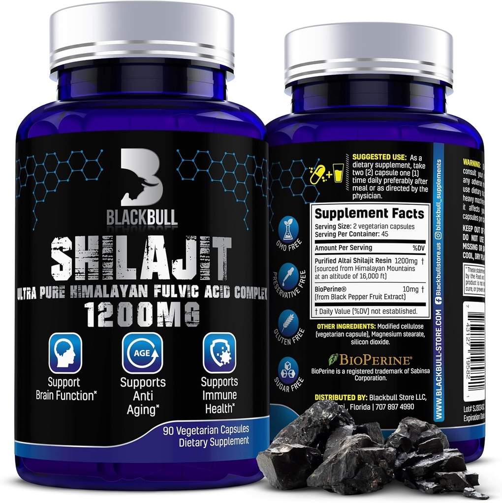 Blackbull Shilajit Pure ההימלאיה אורגני קפסולות - Natural Shilajit Resin אורגני עם 20% Fulvic Acid תוספת, Brain Health, Aging Immune Support - Pure ההימלאיה שילאג'יט