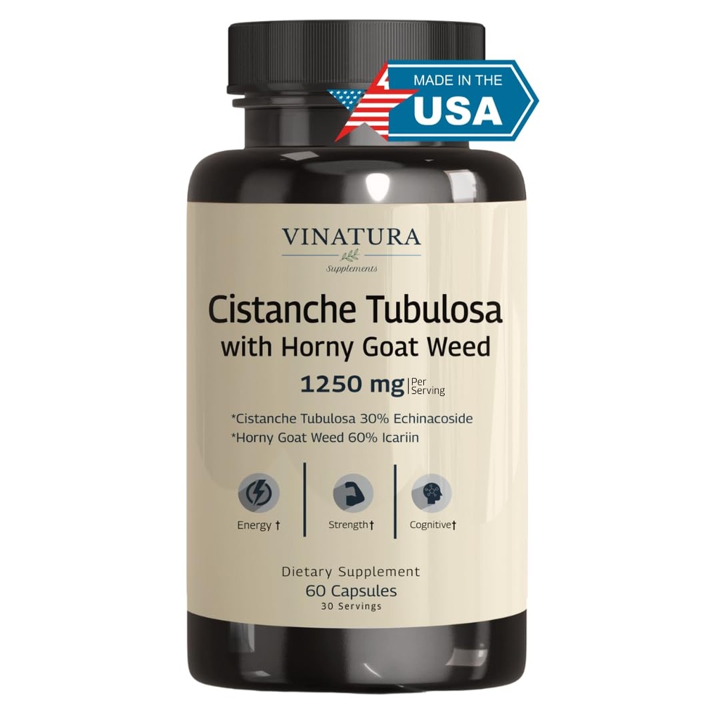 VINATURA Cistanche עם Hory Goat Weed 60% Icariin - 1250 מ"ג לשרת, Cistanche Tubulosa, Cistanche תוסף Men, אנרגיה, כוח קוגניטיבי *ארה"ב Made ו Tested * - 60 קפסולות 30 משרתות