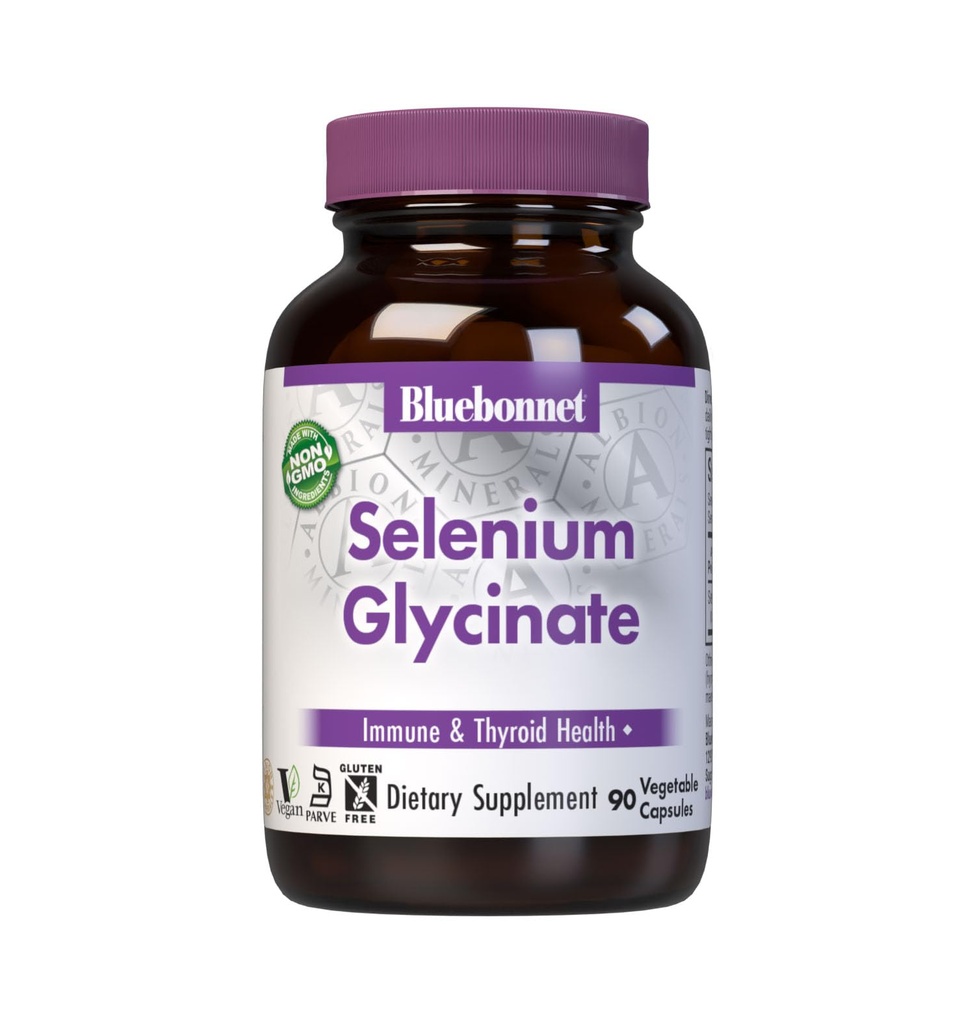 Bluebonnet Nutrition Albion Selenium Glycinate, Immune Health *, Thyroid Health *, Soy-Free, Gluten-Free, non-GMO, מוסמך כשר, ללא חלב, טבעוני, 90 קפסולות ירקות, 90 לשרתים, 90 לשרתים, 90 לשרתים, 90 לשרתים.