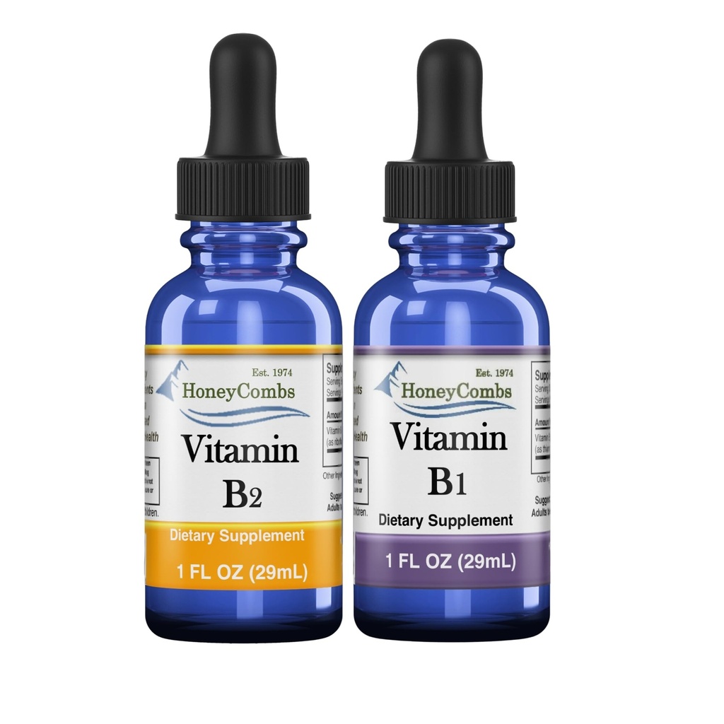 HoneyCombs High Potency ויטמין B1 (Thiamine) & B2 (Riboflavin) טיפות - טבעוני, non-GMO, נוזל ללא אלכוהול לבריאות, עיכול, שיער, עור וציפורים
