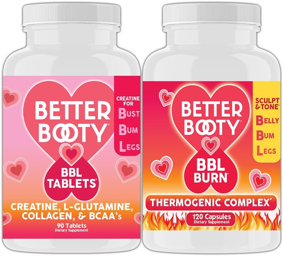 תוספי Angrys Better Booty Women's Creatine BBL Combo: BBL Tablet (90ct) w. Creatine, Glutamine, BCAA's, Collagen + BBL Burn Thermogenic כמוסות (120ct)