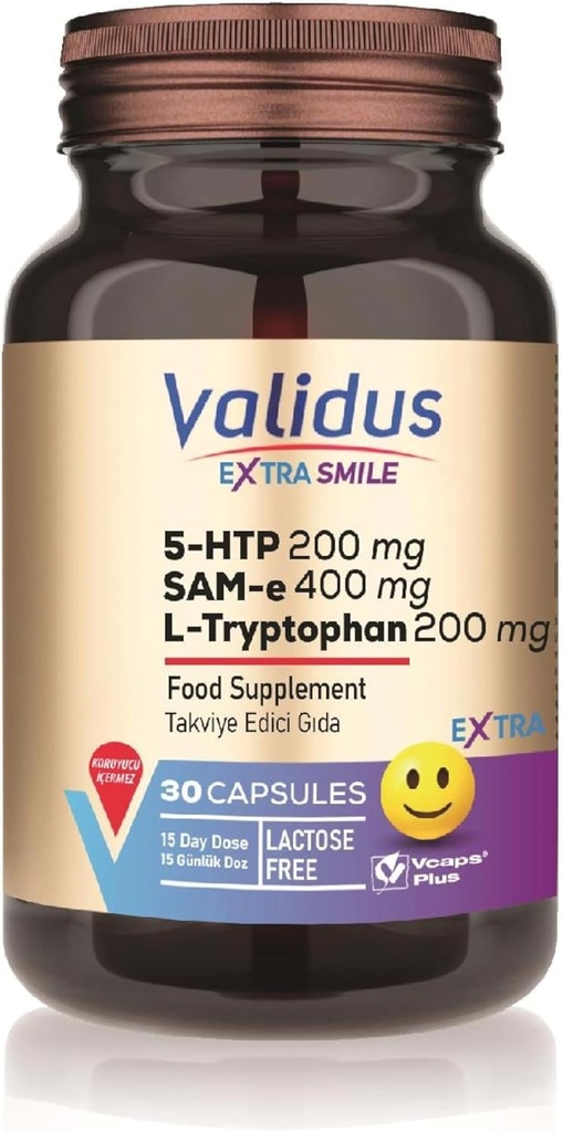 VALIDUS תוספת לחייך 5HTTP 200 מ"ג + L- Tryptophan 200 מ"ג + Sam-e 400 מ"ג 30 קפסולות (Vcaps Plus)